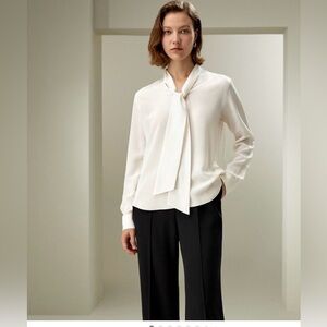 LILYSILK White Silk Tie Neck Blouse Long Sleeve NWT Size L Mulberry Silk Elegant